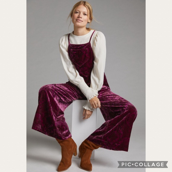 Anthropologie Pants - Anthropologie Wide-Leg Velvet Overalls in Plum